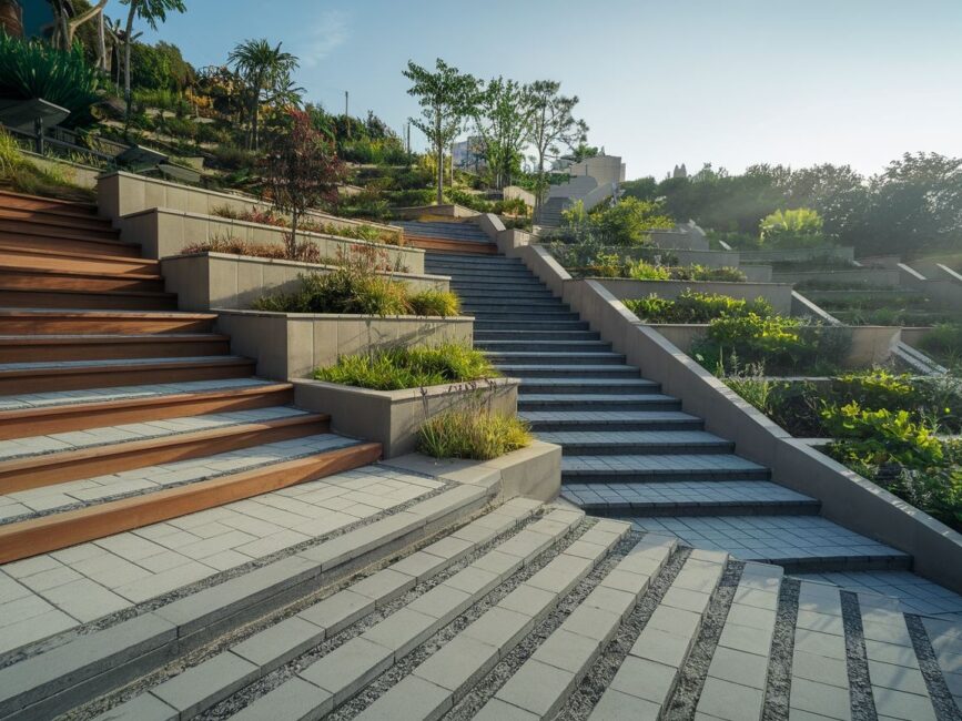 Schody zewnętrzne z kamienia i drewna